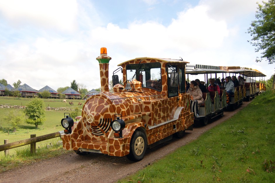 Safari train à motif girafe avec ses passagers dans le parc Cerza.
