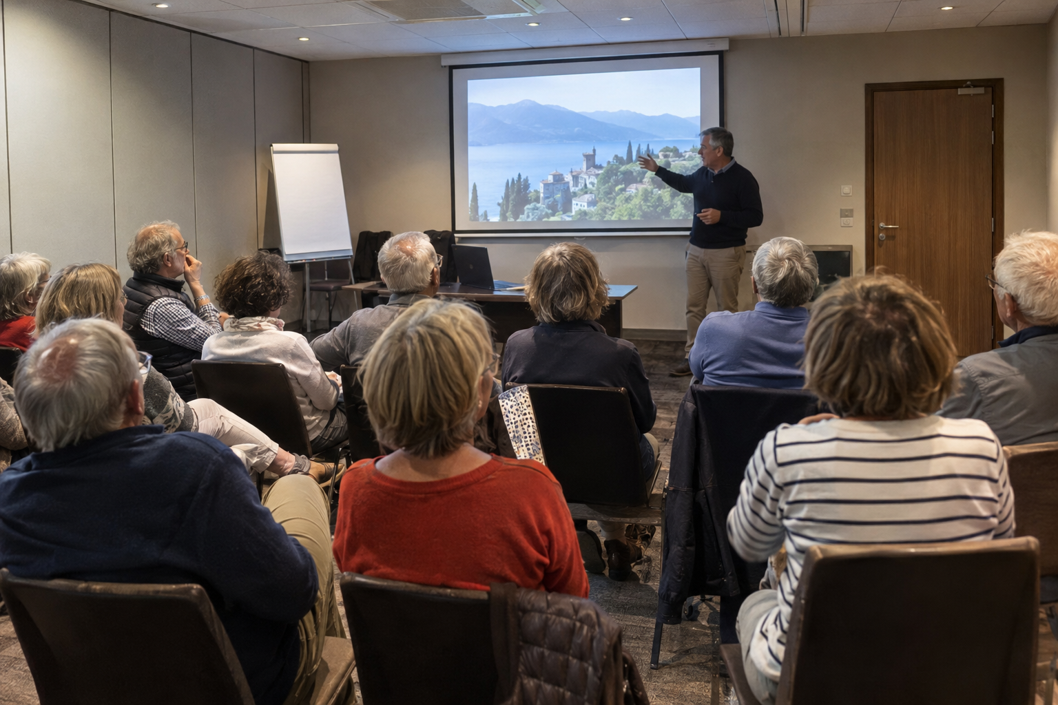 Réunion avec conférencier dans une salle fermée, illustration générique